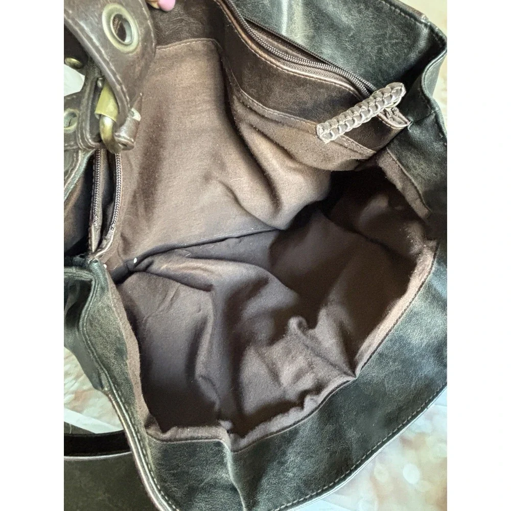 Bueno Black Brown‎ Distressed Vegan Leather Tote Bag Gold Turn Lock Satchel